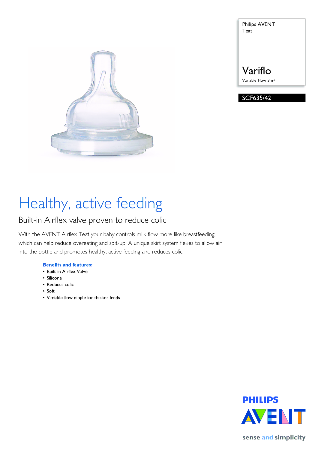 Philips SCF635/42 manual Healthy, active feeding, Built-in Airflex valve proven to reduce colic, Benefits and features 