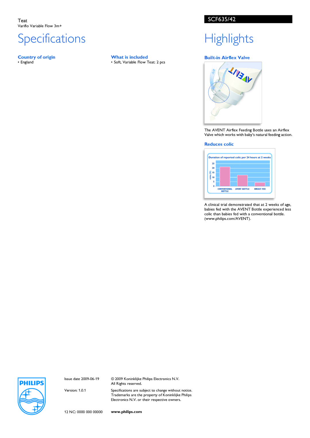 Philips SCF635/42 Specifications Highlights, Country of origin What is included Built-in Airflex Valve, Reduces colic 