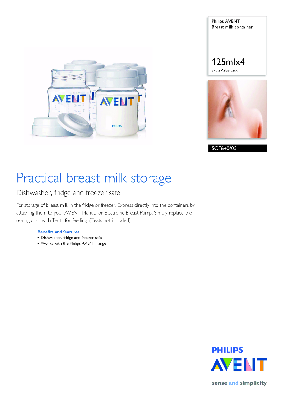 Philips SCF640/05 manual Practical breast milk storage, Dishwasher, fridge and freezer safe, Benefits and features 