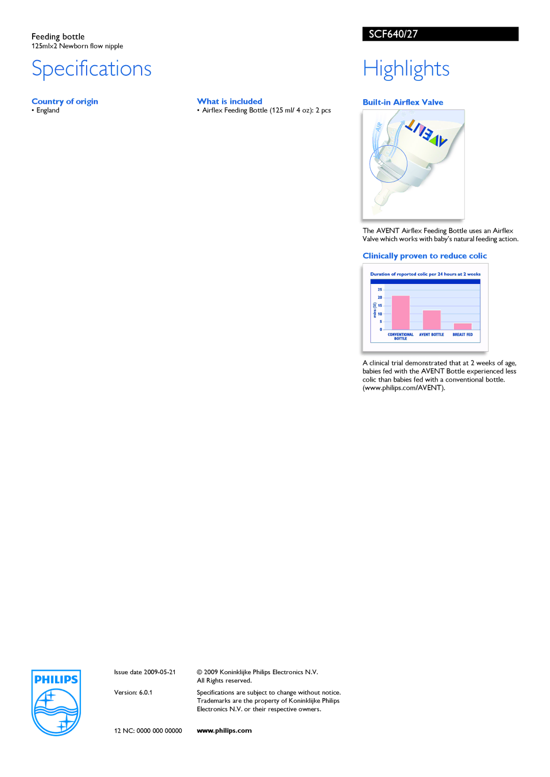 Philips SCF640/27 manual Specifications Highlights, Country of origin What is included Built-in Airflex Valve 