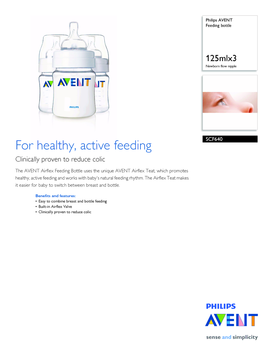 Philips SCF640/37 manual For healthy, active feeding, Clinically proven to reduce colic, Benefits and features 