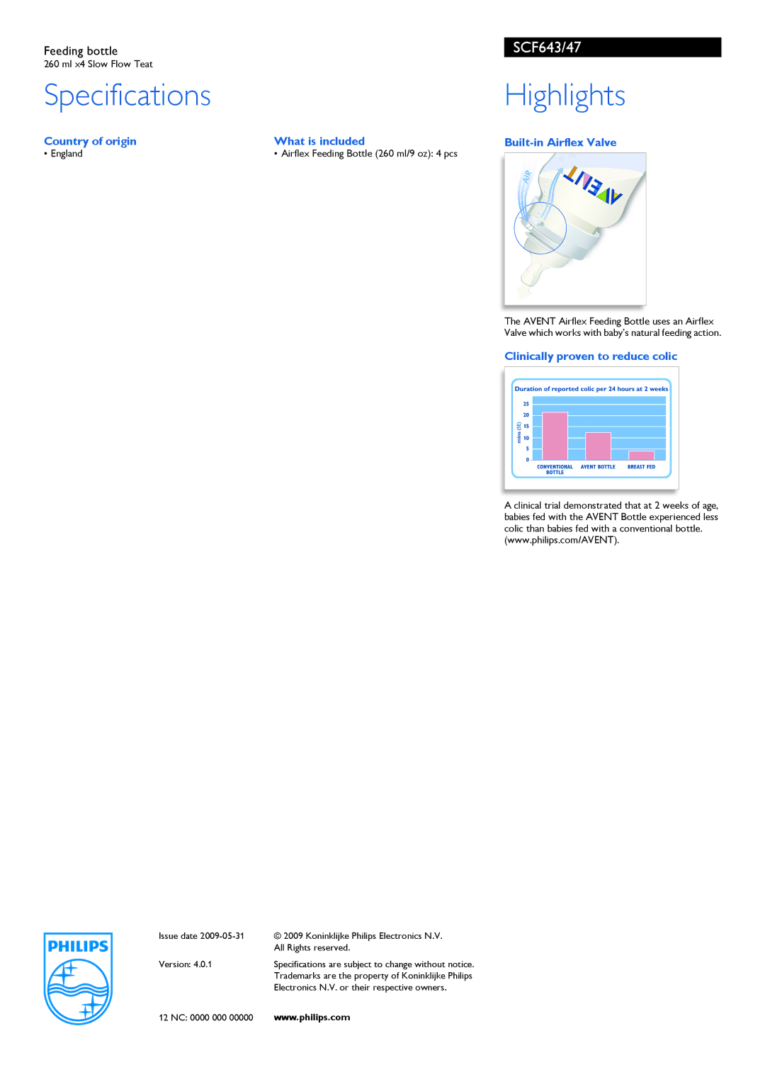 Philips SCF643/47 manual Specifications Highlights, Country of origin What is included Built-in Airflex Valve 