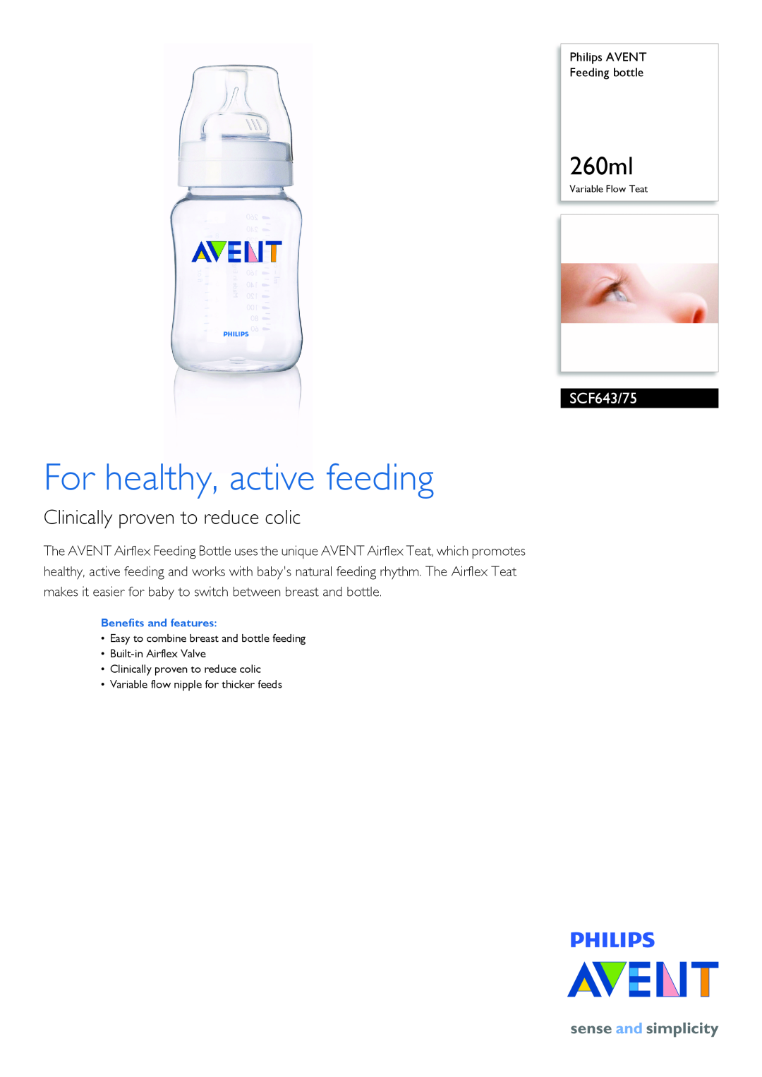 Philips SCF643/75 manual For healthy, active feeding, 260ml, Clinically proven to reduce colic 