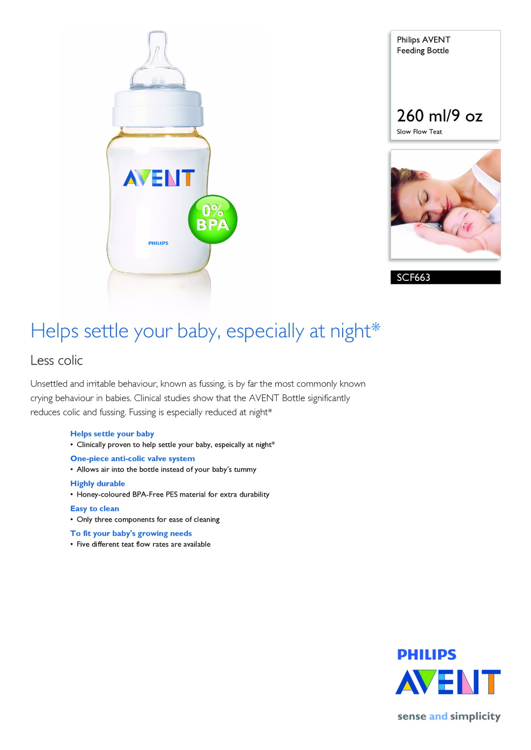 Philips SCF663/17 manual Helps settle your baby, especially at night, Less colic 