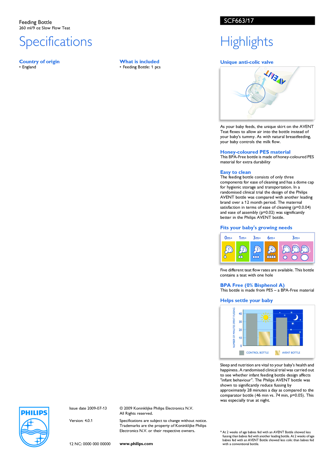 Philips SCF663/17 manual Specifications Highlights, Country of origin What is included Unique anti-colic valve 