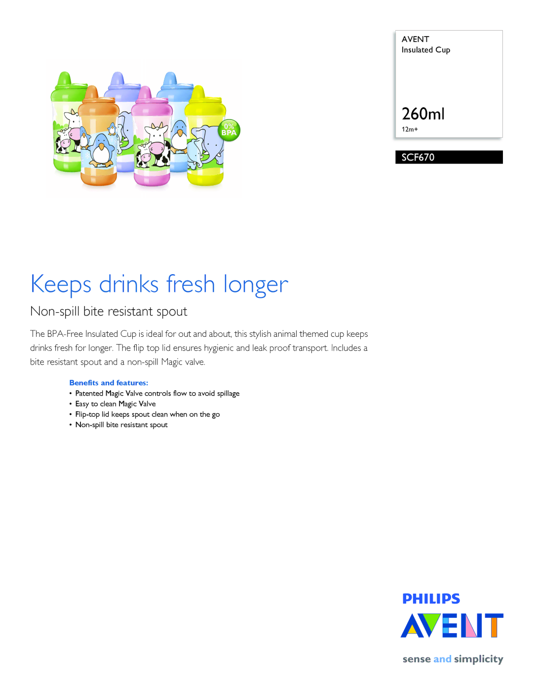 Philips SCF670/01 manual Keeps drinks fresh longer, Non-spill bite resistant spout, Benefits and features 