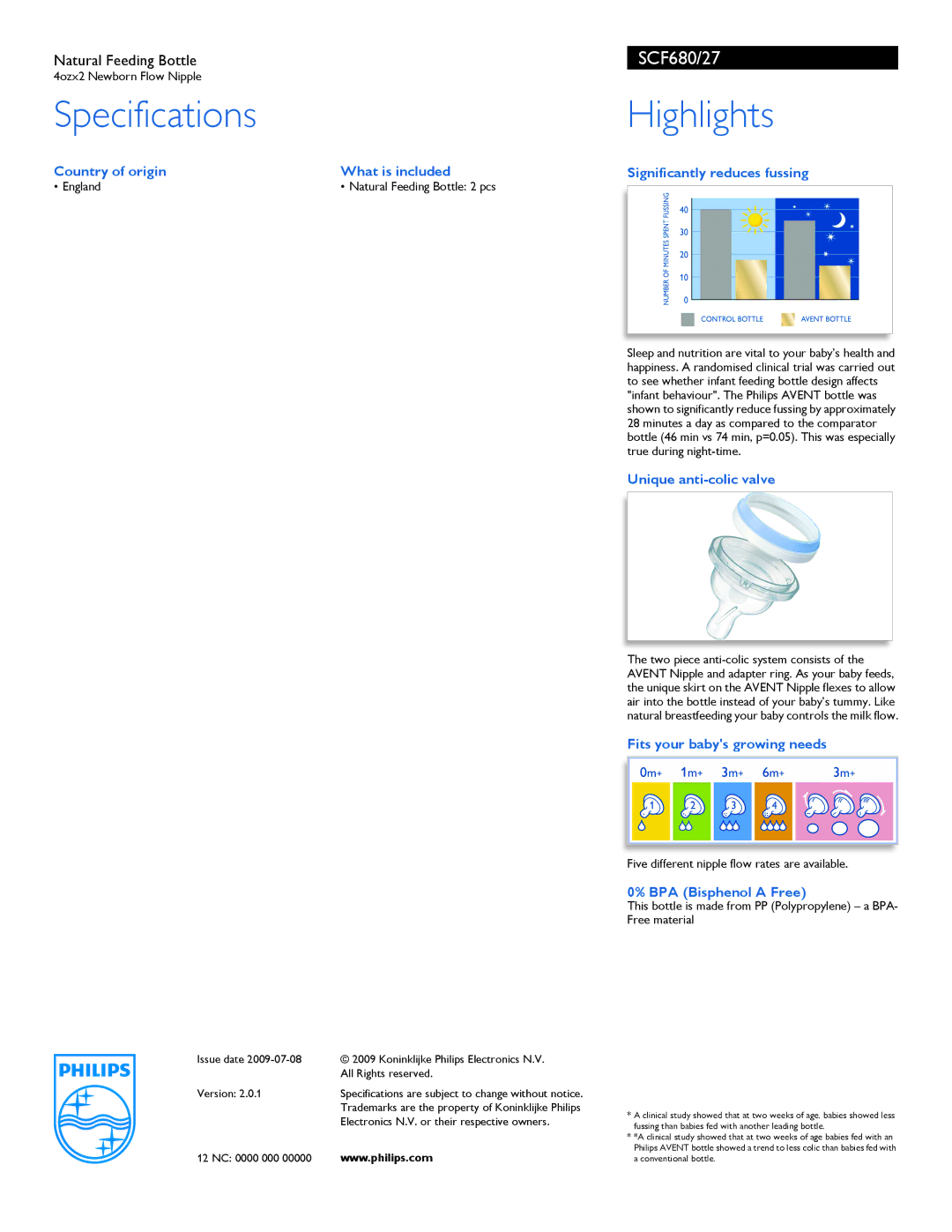 Philips SCF680/27 manual Specifications Highlights, Unique anti-colic valve, Fits your babys growing needs 