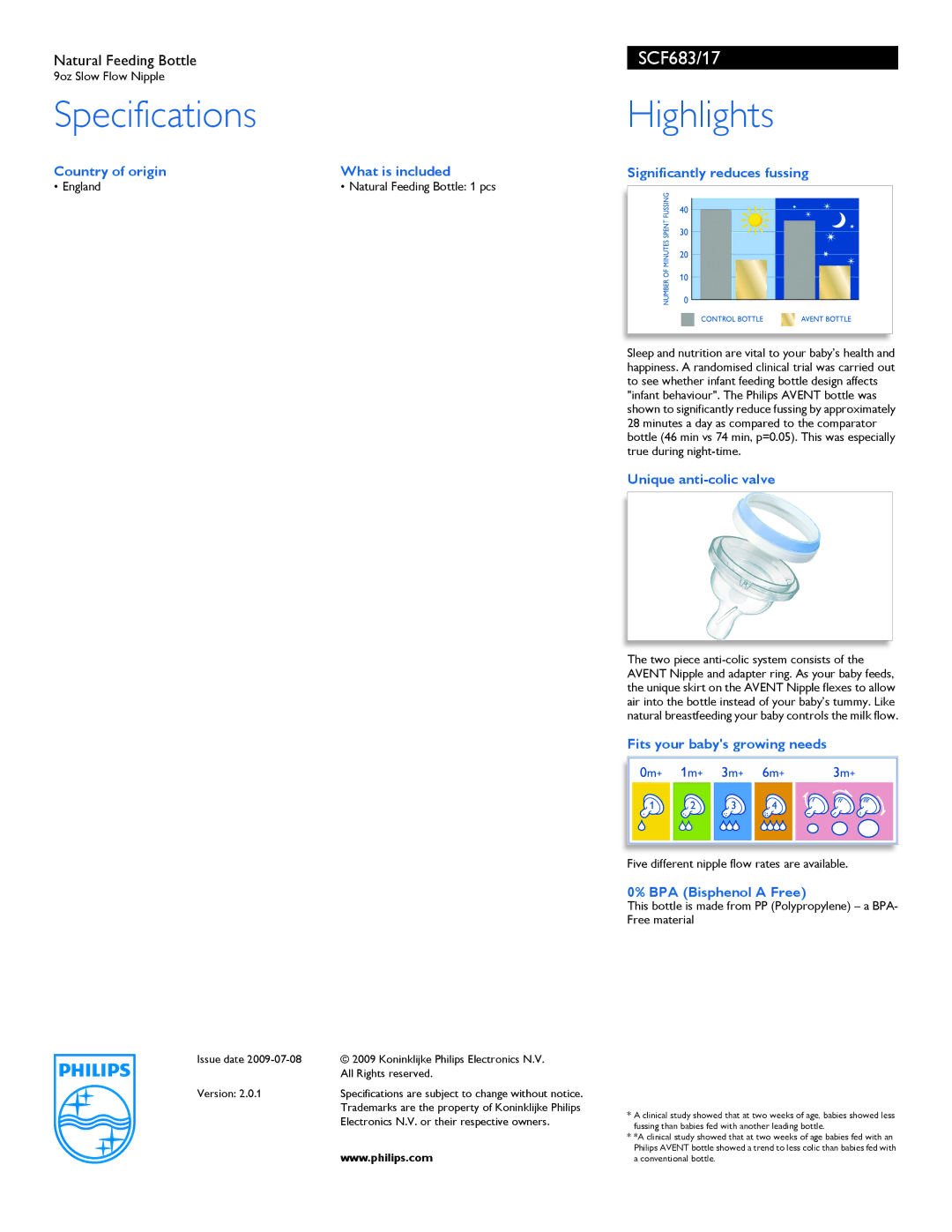 Philips SCF683/17 manual Specifications Highlights, Unique anti-colic valve, Fits your babys growing needs 