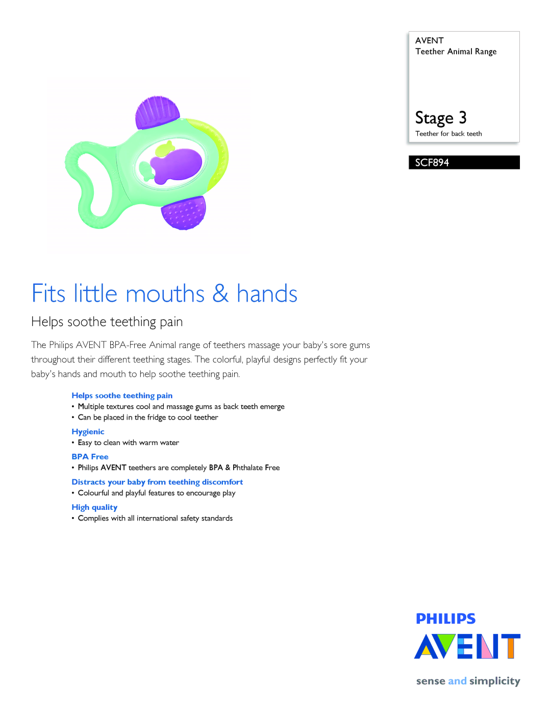 Philips SCF894/01 manual Fits little mouths & hands, Helps soothe teething pain 