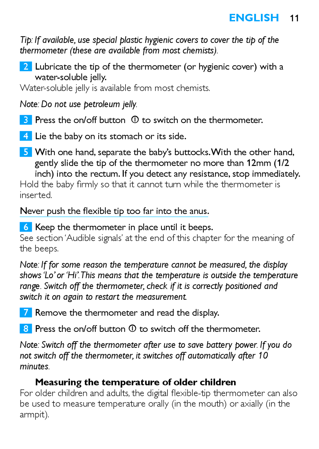 Philips SCH540 manual Measuring the temperature of older children, Armpit 