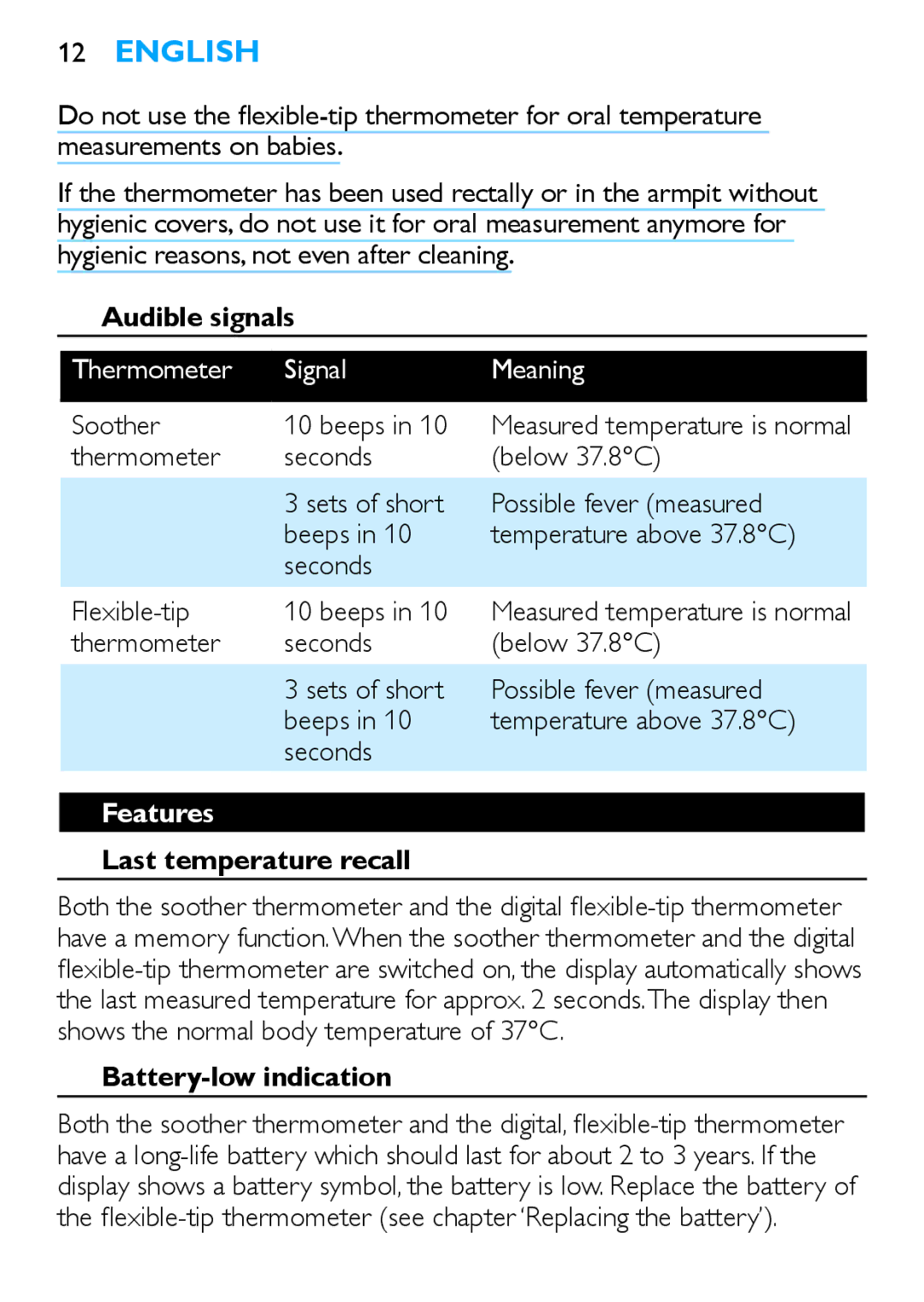 Philips SCH540 Audible signals, Thermometer Signal Meaning, Features, Last temperature recall, Battery-low indication 