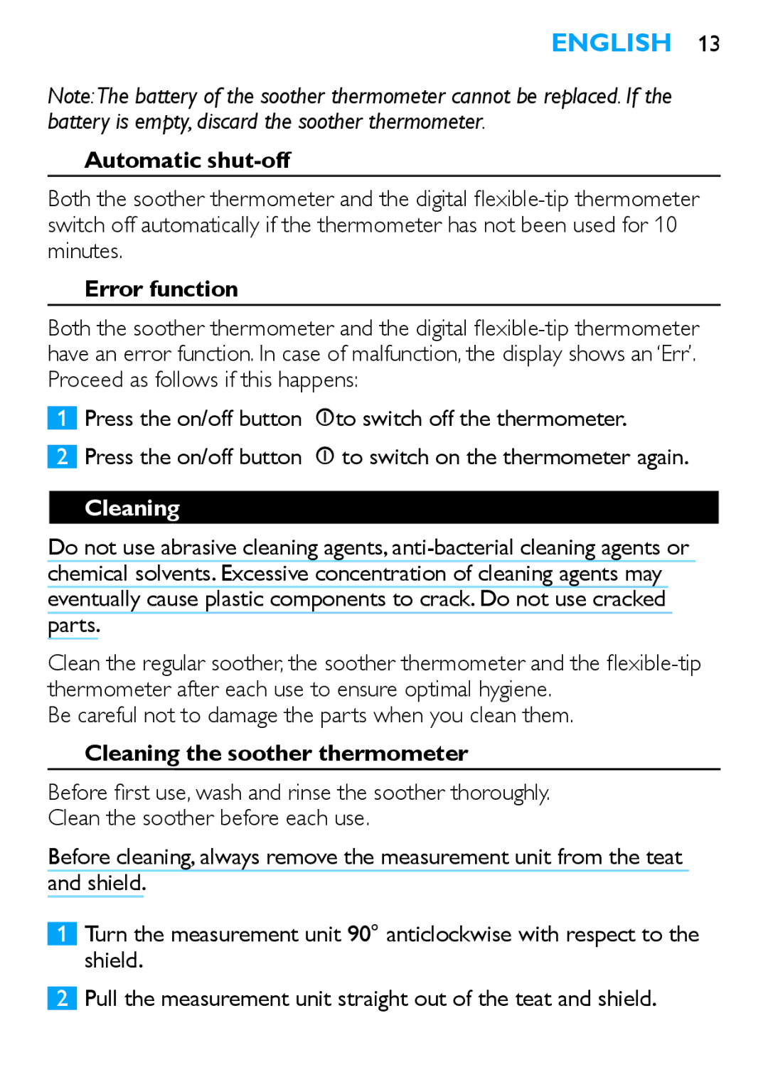 Philips SCH540 manual Automatic shut-off, Error function, Cleaning the soother thermometer 