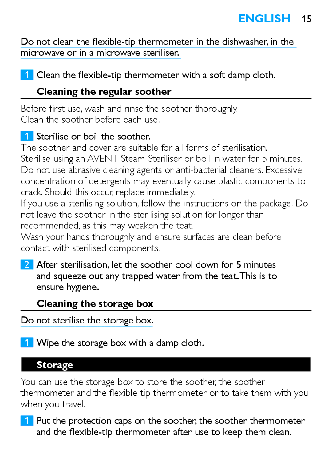 Philips SCH540 manual Cleaning the regular soother, Cleaning the storage box, Storage 