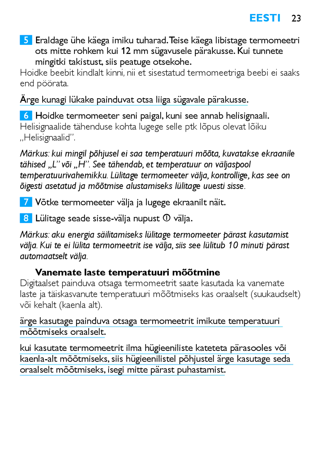 Philips SCH540 manual Vanemate laste temperatuuri mõõtmine 