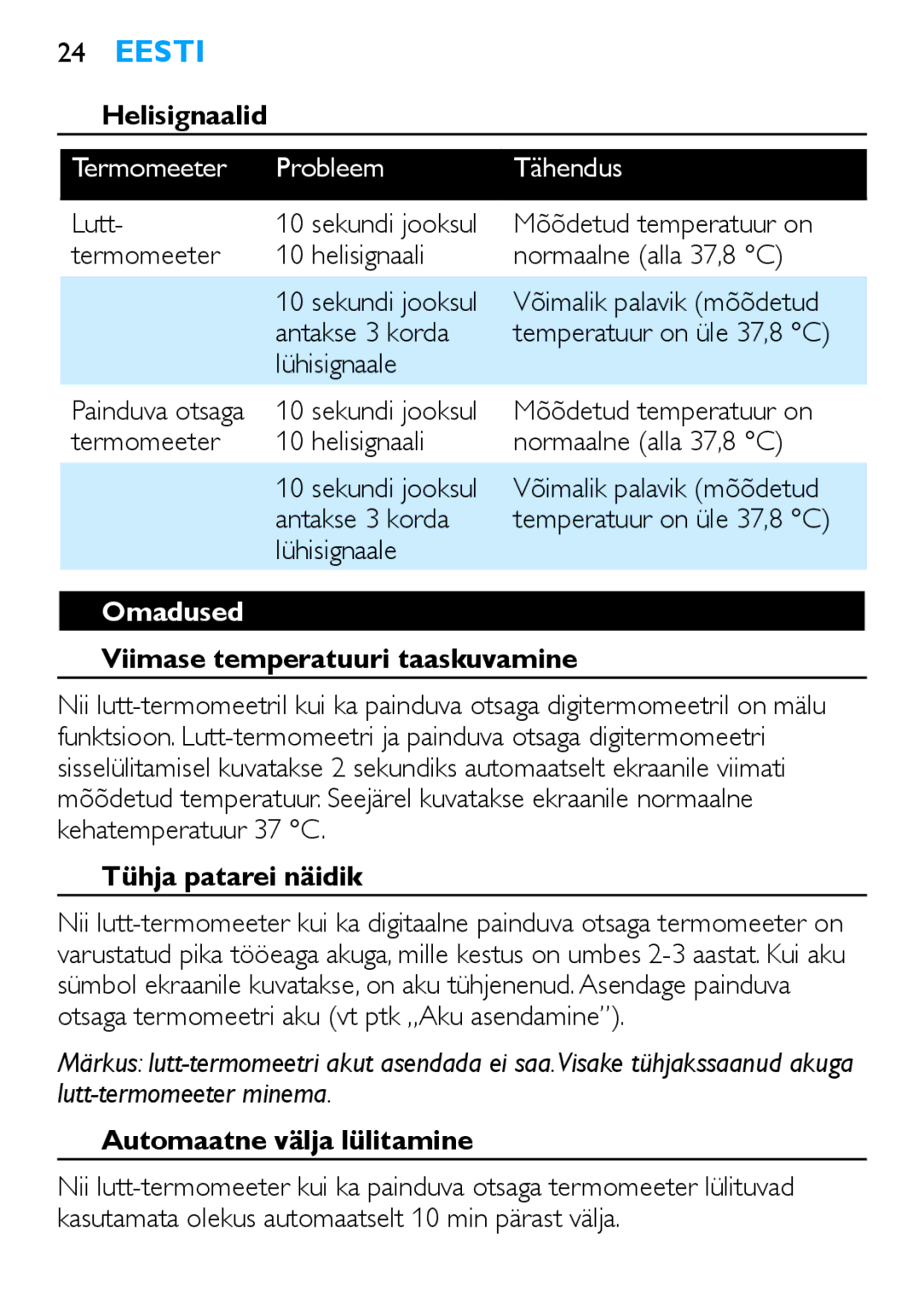 Philips SCH540 manual Helisignaalid, Omadused, Viimase temperatuuri taaskuvamine, Tühja patarei näidik 