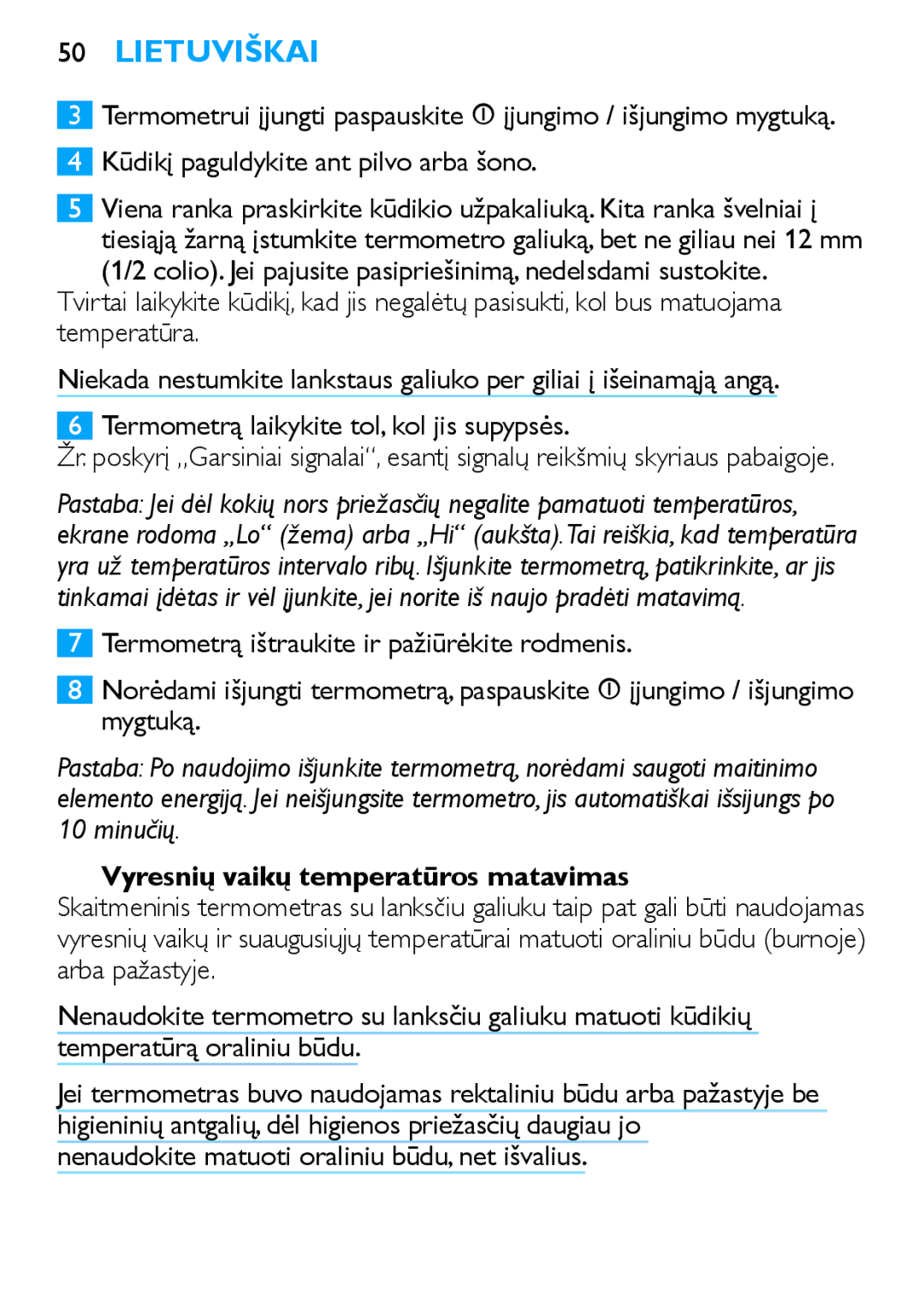 Philips SCH540 manual Vyresnių vaikų temperatūros matavimas 