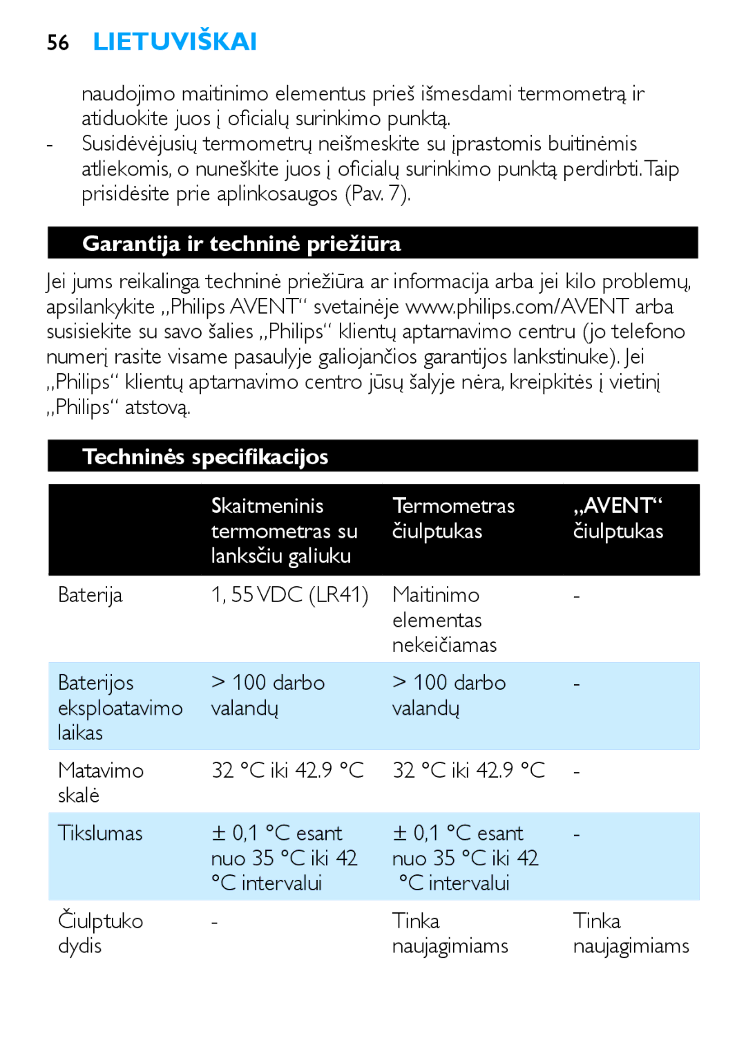 Philips SCH540 manual Garantija ir techninė priežiūra Techninės specifikacijos 