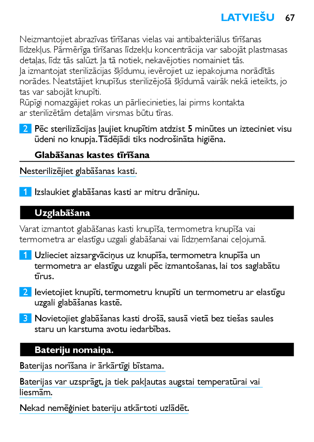 Philips SCH540 manual Glabāšanas kastes tīrīšana, Uzglabāšana, Bateriju nomaiņa 