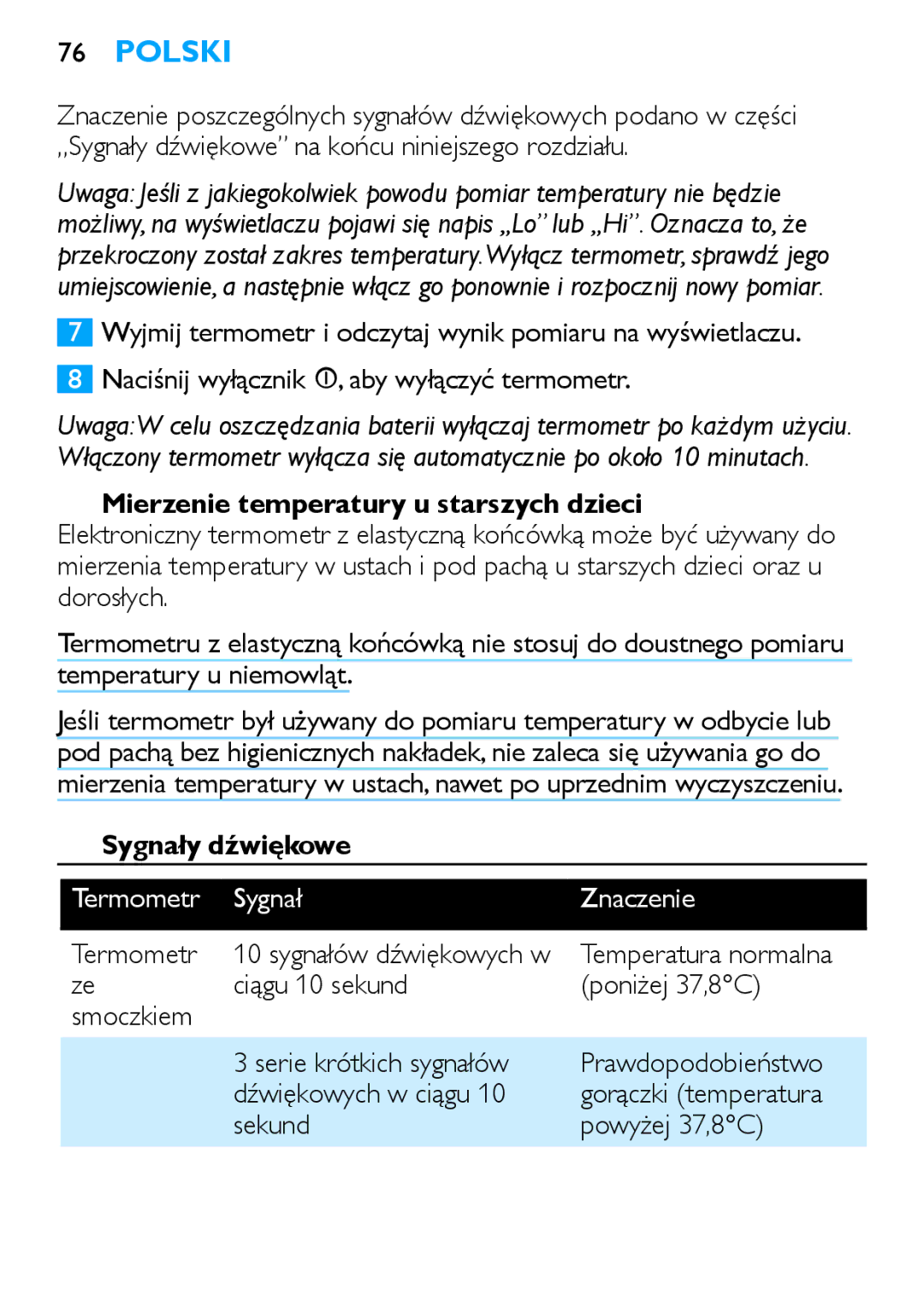 Philips SCH540 manual Mierzenie temperatury u starszych dzieci, Sygnały dźwiękowe, Termometr Sygnał Znaczenie 