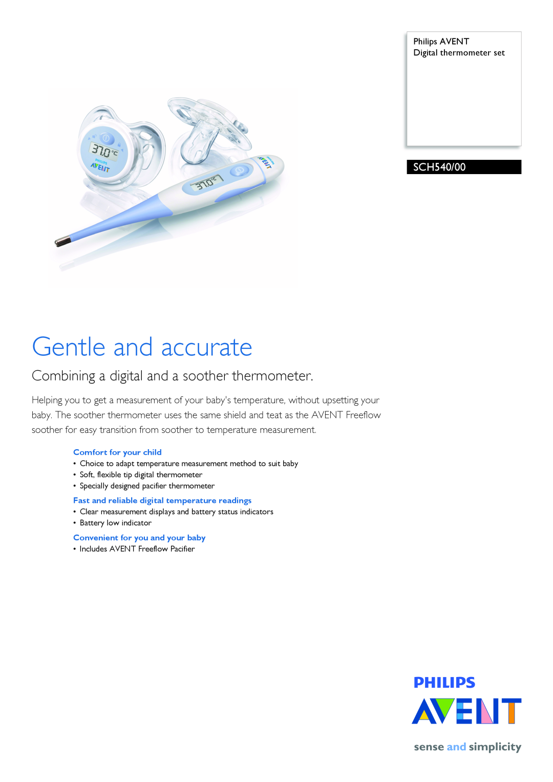 Philips SCH540/00 manual Gentle and accurate, Combining a digital and a soother thermometer 
