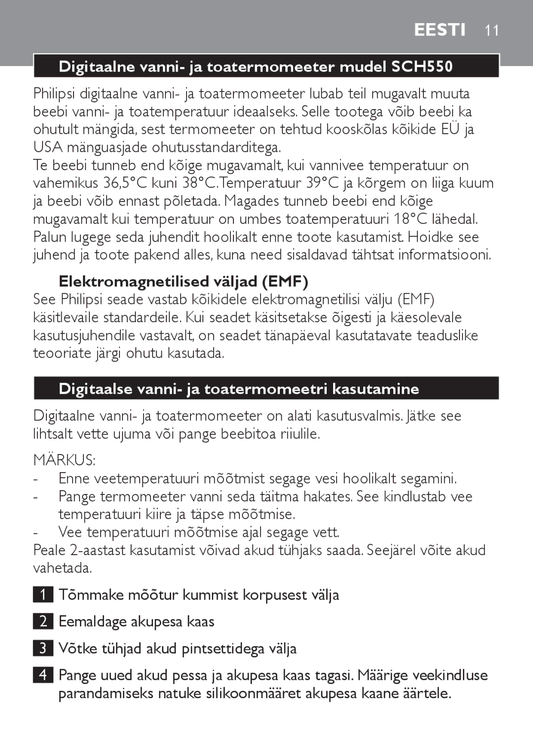 Philips manual Eesti, Digitaalne vanni- ja toatermomeeter mudel SCH550, Elektromagnetilised väljad EMF, Märkus 