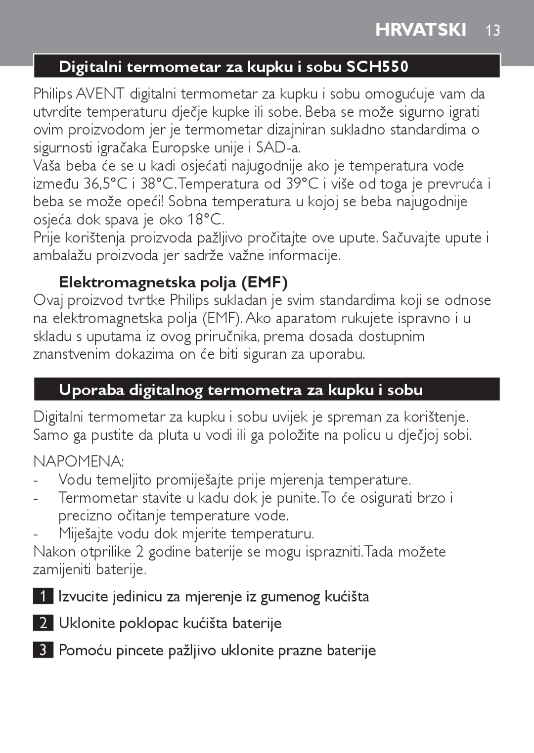 Philips manual Hrvatski, Digitalni termometar za kupku i sobu SCH550, Elektromagnetska polja EMF, Napomena 