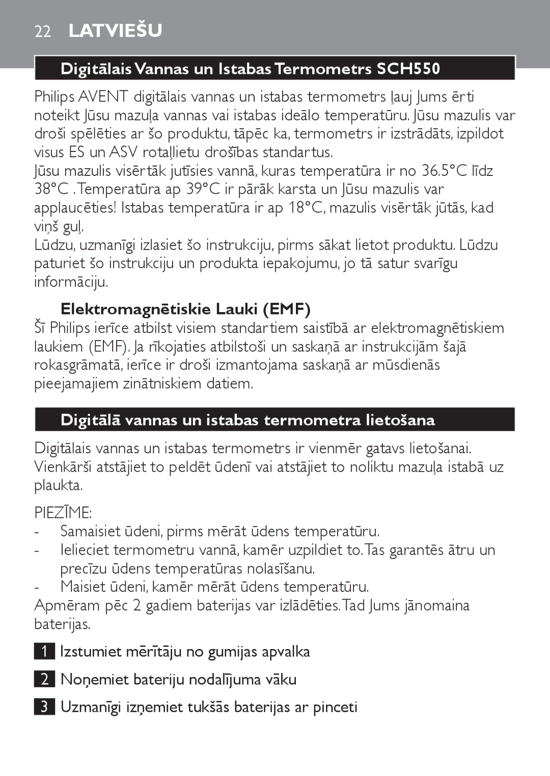 Philips manual Latviešu, Digitālais Vannas un Istabas Termometrs SCH550, Elektromagnētiskie Lauki EMF, Piezīme 