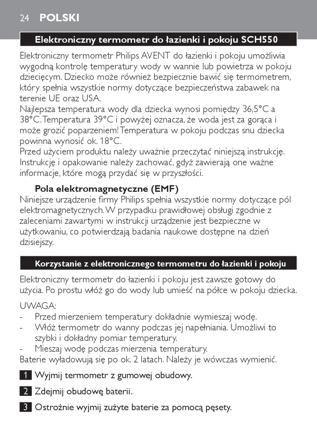 Philips manual Polski, Elektroniczny termometr do łazienki i pokoju SCH550, Pola elektromagnetyczne EMF, Uwaga 