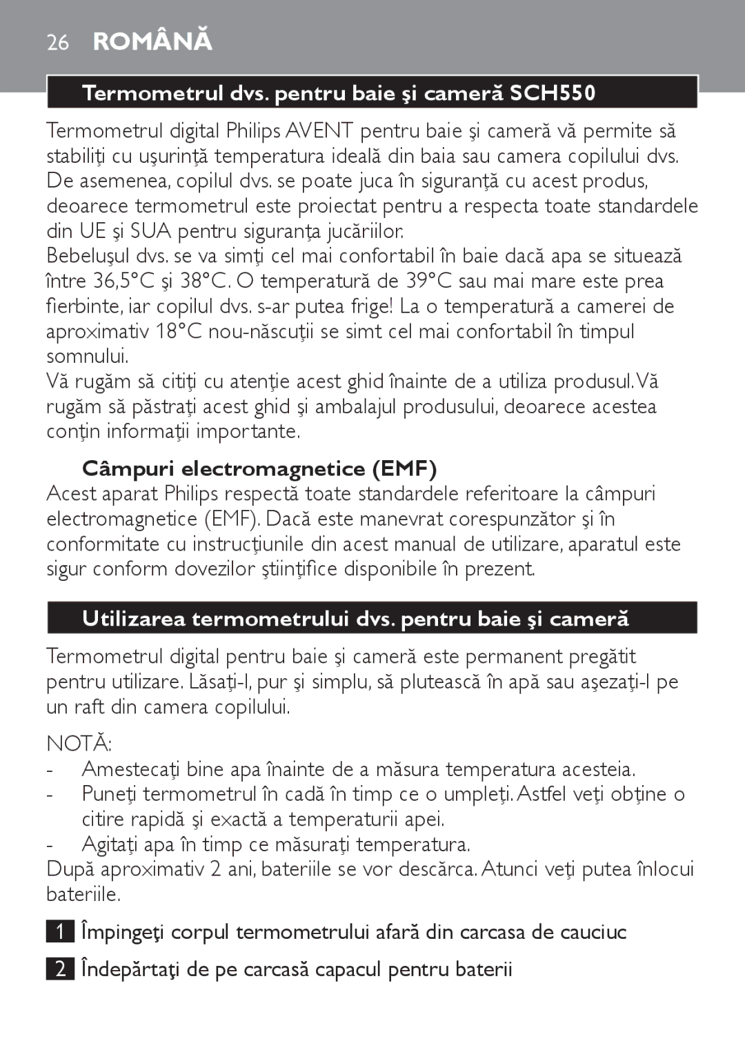 Philips manual 26 Română, Termometrul dvs. pentru baie şi cameră SCH550, Câmpuri electromagnetice EMF, Notă 