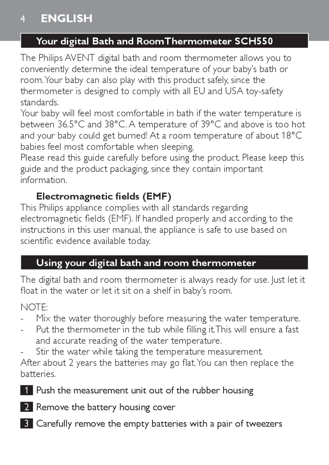 Philips manual English, Your digital Bath and RoomThermometer SCH550, Electromagnetic fields EMF 