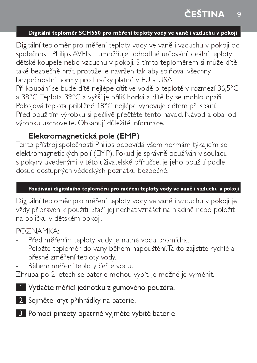 Philips SCH550 manual Čeština, Elektromagnetická pole EMP, Poznámka 