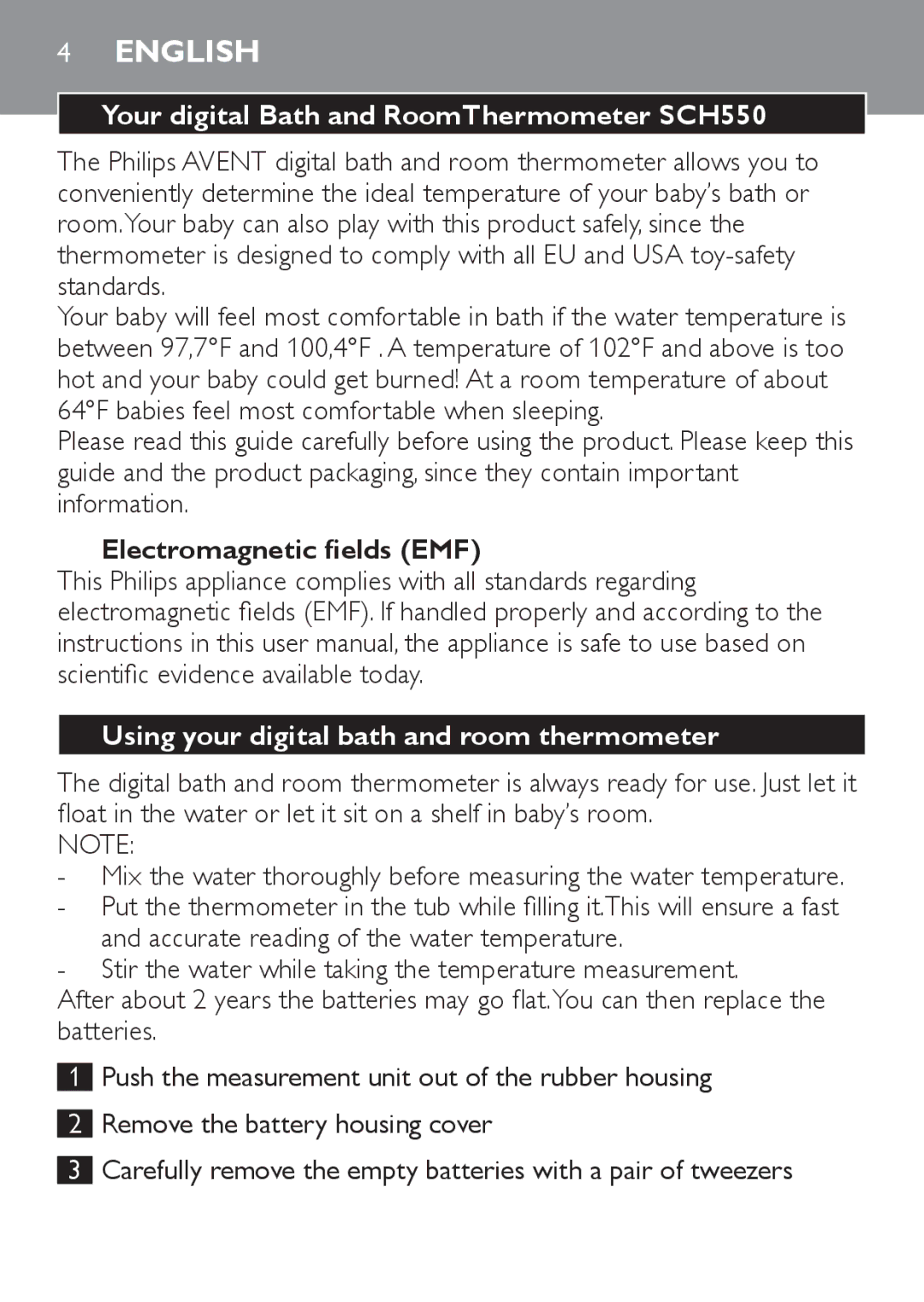 Philips manual English, Your digital Bath and RoomThermometer SCH550, Using your digital bath and room thermometer 