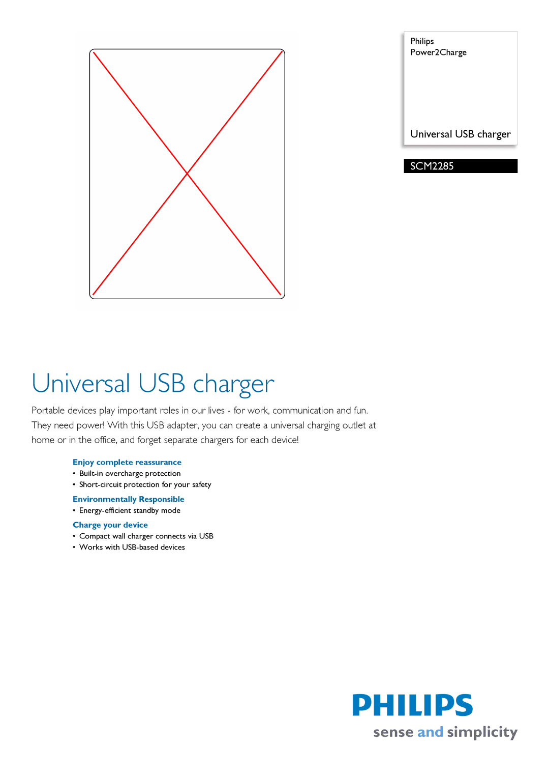 Philips SCM2285 manual Universal USB charger, Enjoy complete reassurance, Environmentally Responsible, Charge your device 