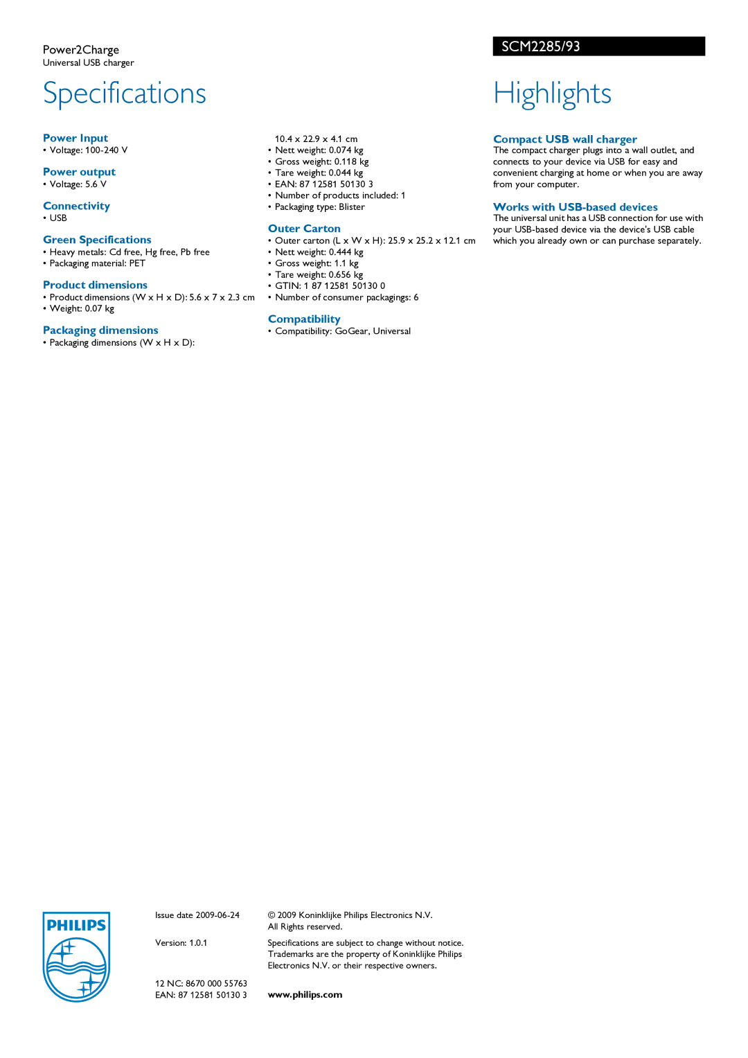 Philips SCM2285 manual Specifications, Highlights 