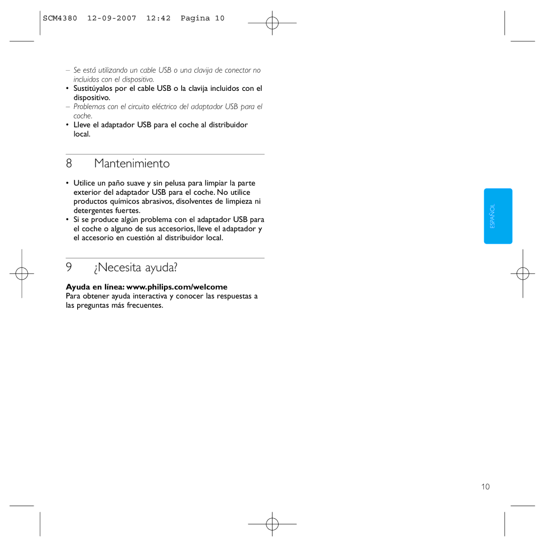 Philips SCM4380 manual Mantenimiento, ¿Necesita ayuda?, Lleve el adaptador USB para el coche al distribuidor local 