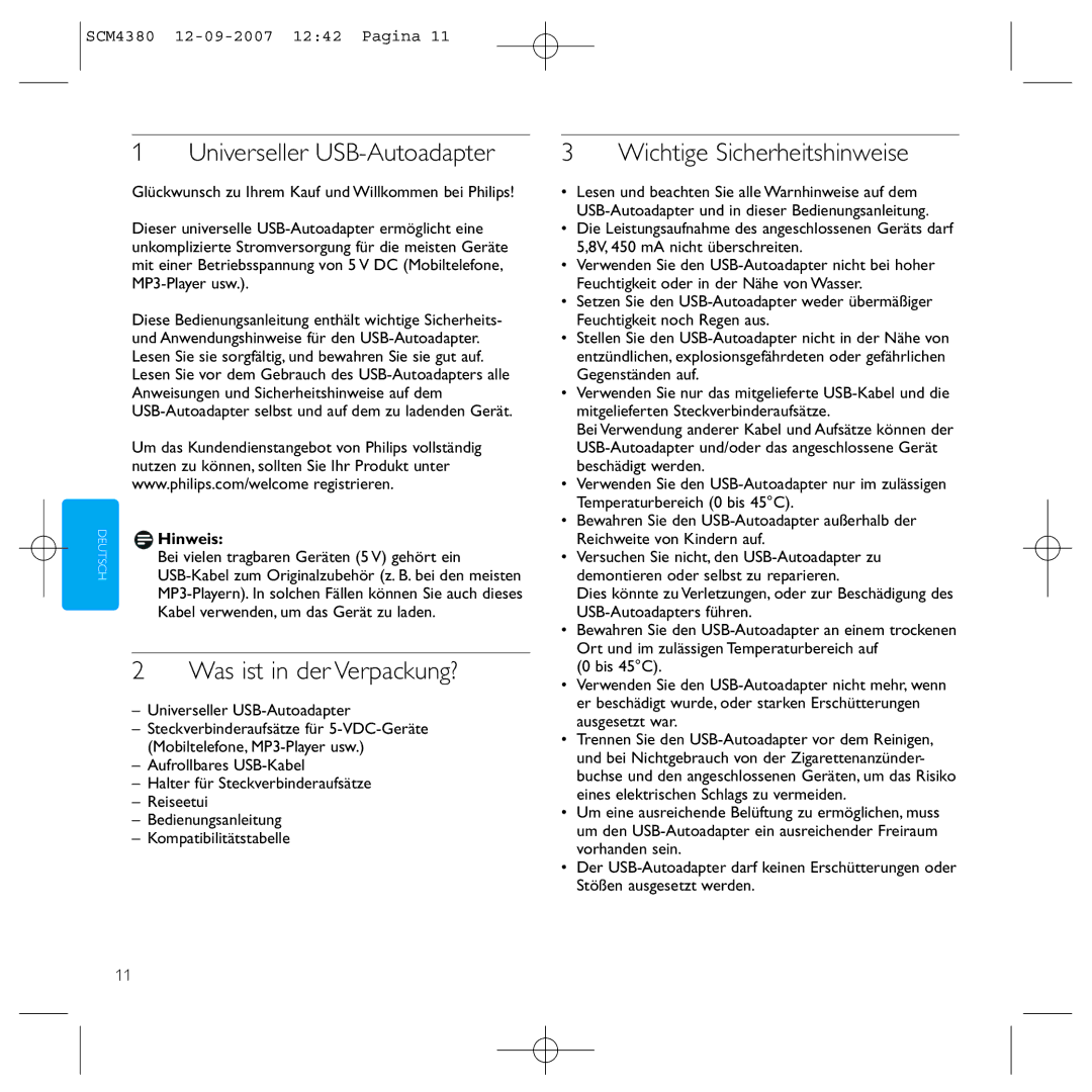 Philips SCM4380 manual Universeller USB-Autoadapter, Was ist in der Verpackung?, Wichtige Sicherheitshinweise, Hinweis 