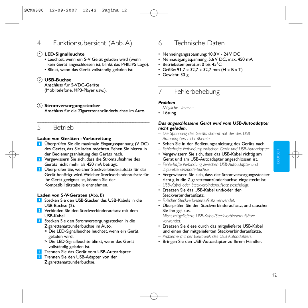 Philips SCM4380 manual Funktionsübersicht Abb. a, Betrieb, Technische Daten, Fehlerbehebung 