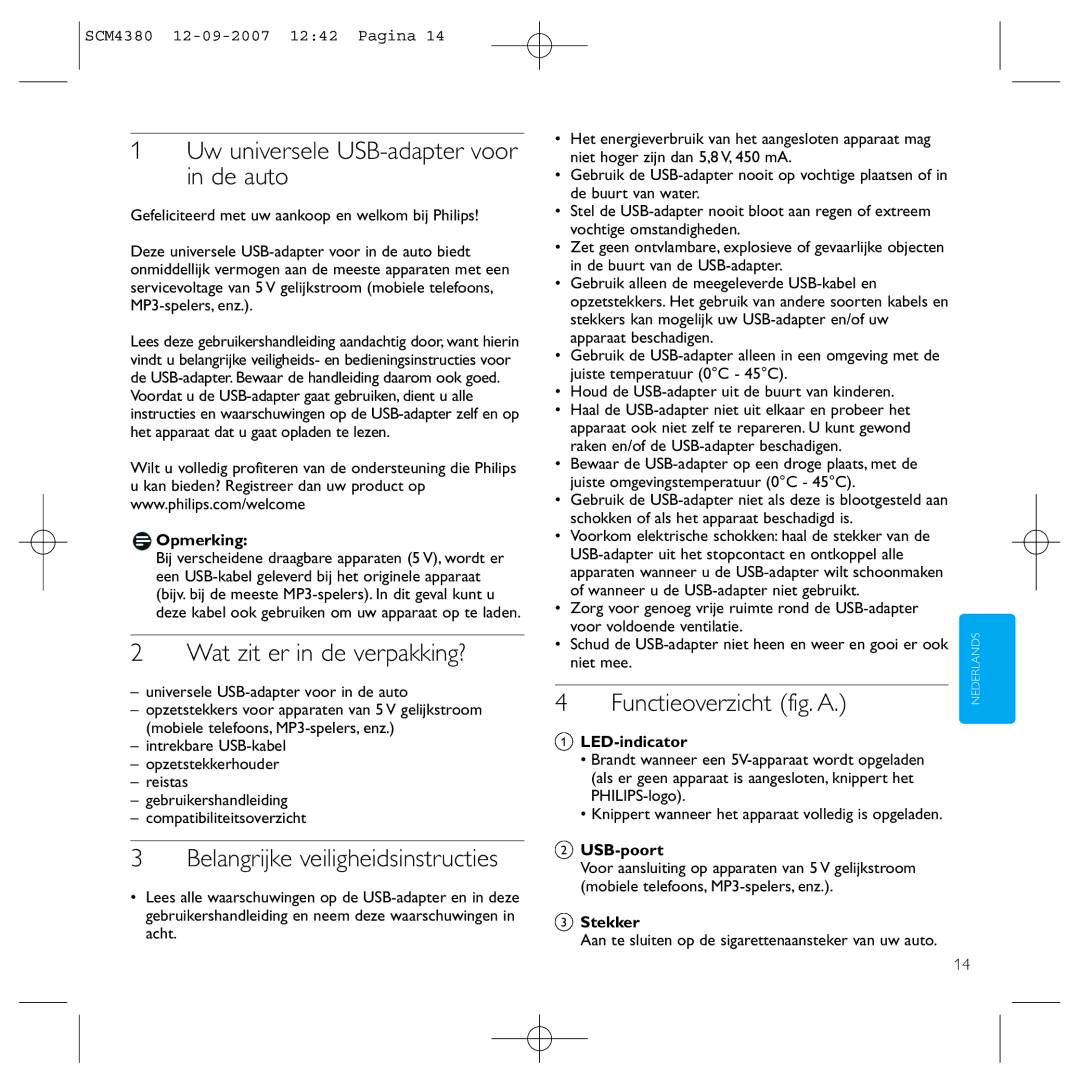 Philips SCM4380 manual Uw universele USB-adapter voor in de auto, Wat zit er in de verpakking?, Functieoverzicht fig. a 