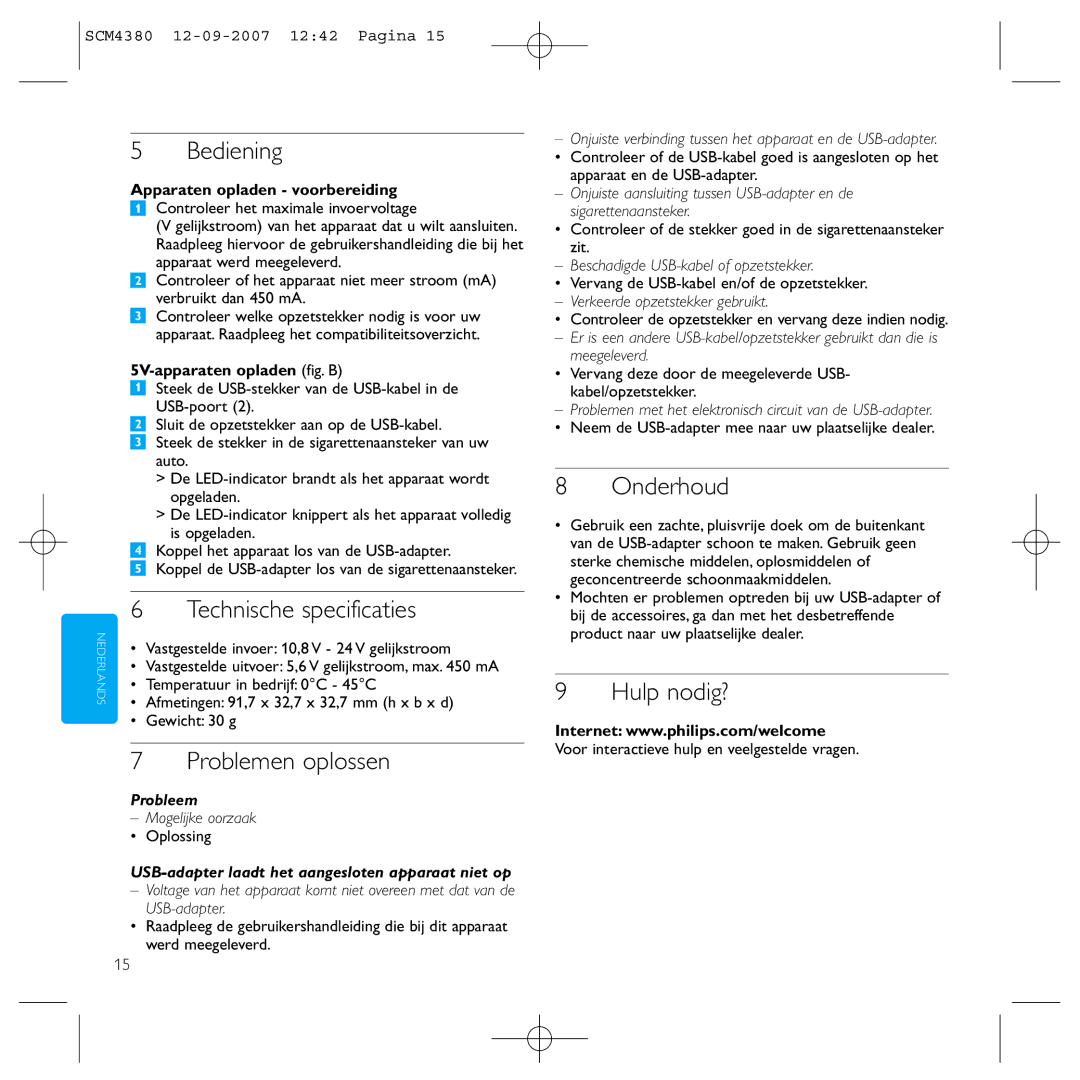 Philips SCM4380 manual Bediening, Technische specificaties, Problemen oplossen, Onderhoud, Hulp nodig? 