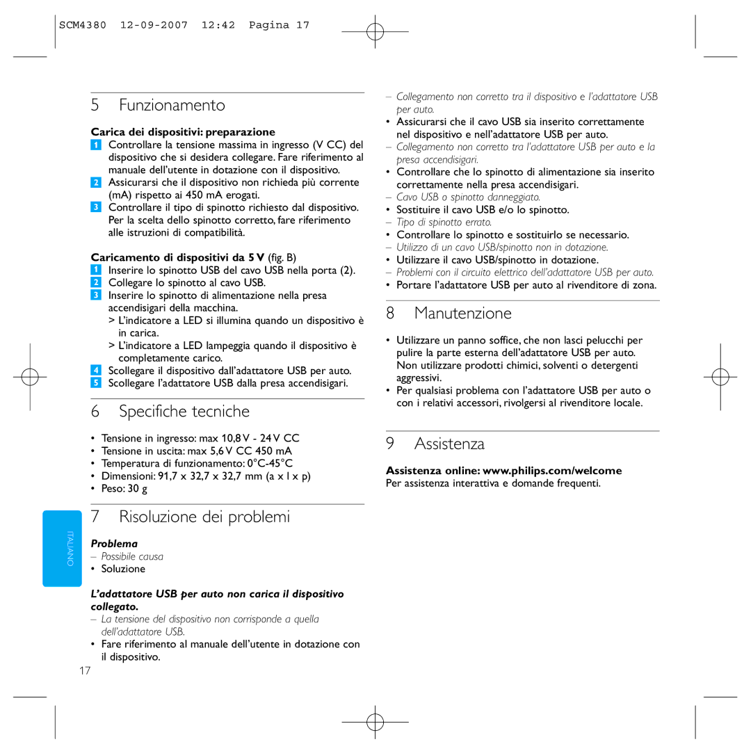 Philips SCM4380 manual Funzionamento, Specifiche tecniche, Risoluzione dei problemi, Manutenzione, Assistenza 