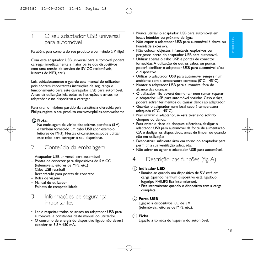 Philips SCM4380 Seu adaptador USB universal para automóvel, Conteúdo da embalagem, Informações de segurança importantes 