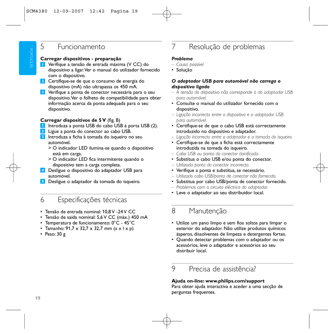 Philips SCM4380 manual Funcionamento, Especificações técnicas, Resolução de problemas, Manutenção, Precisa de assistência? 