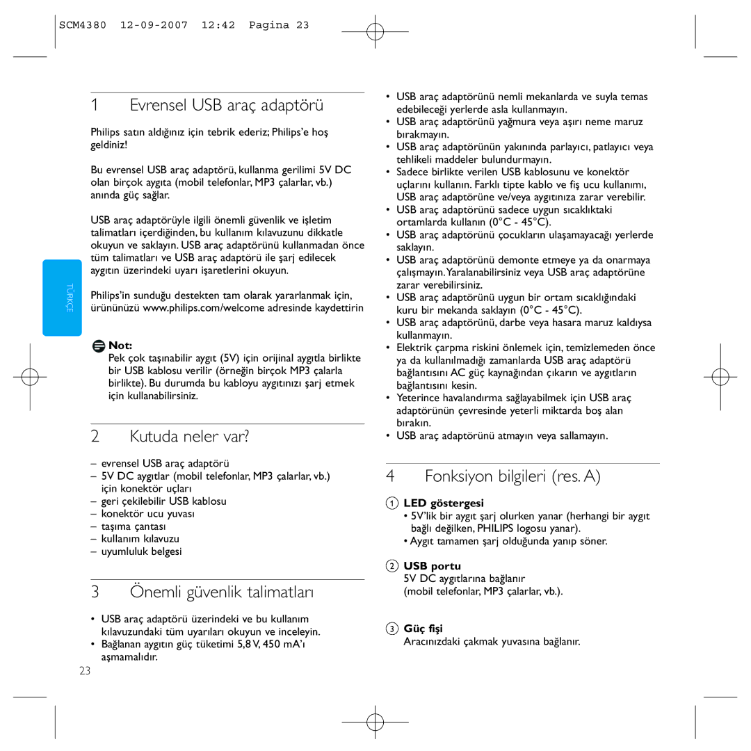 Philips SCM4380 Evrensel USB araç adaptörü, Kutuda neler var?, Önemli güvenlik talimatları, Fonksiyon bilgileri res. a 