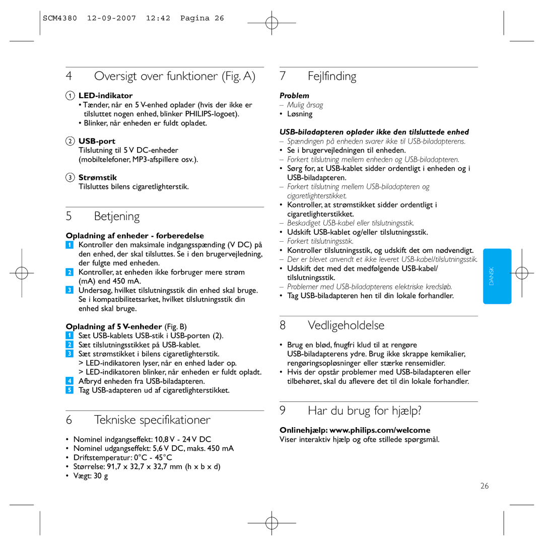 Philips SCM4380 manual Oversigt over funktioner Fig. a, Betjening, Fejlfinding, Vedligeholdelse, Tekniske specifikationer 