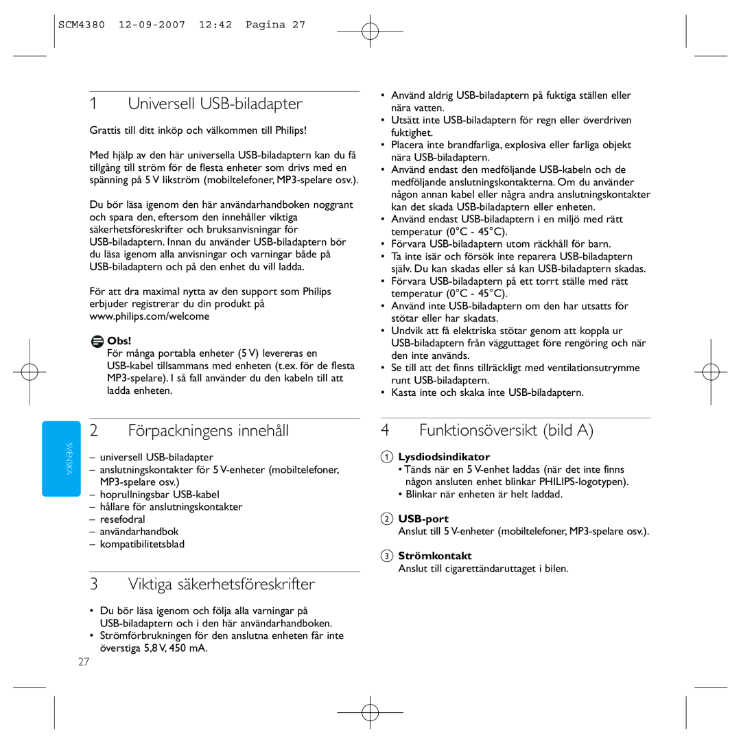 Philips SCM4380 manual Universell USB-biladapter, Förpackningens innehåll, Viktiga säkerhetsföreskrifter 