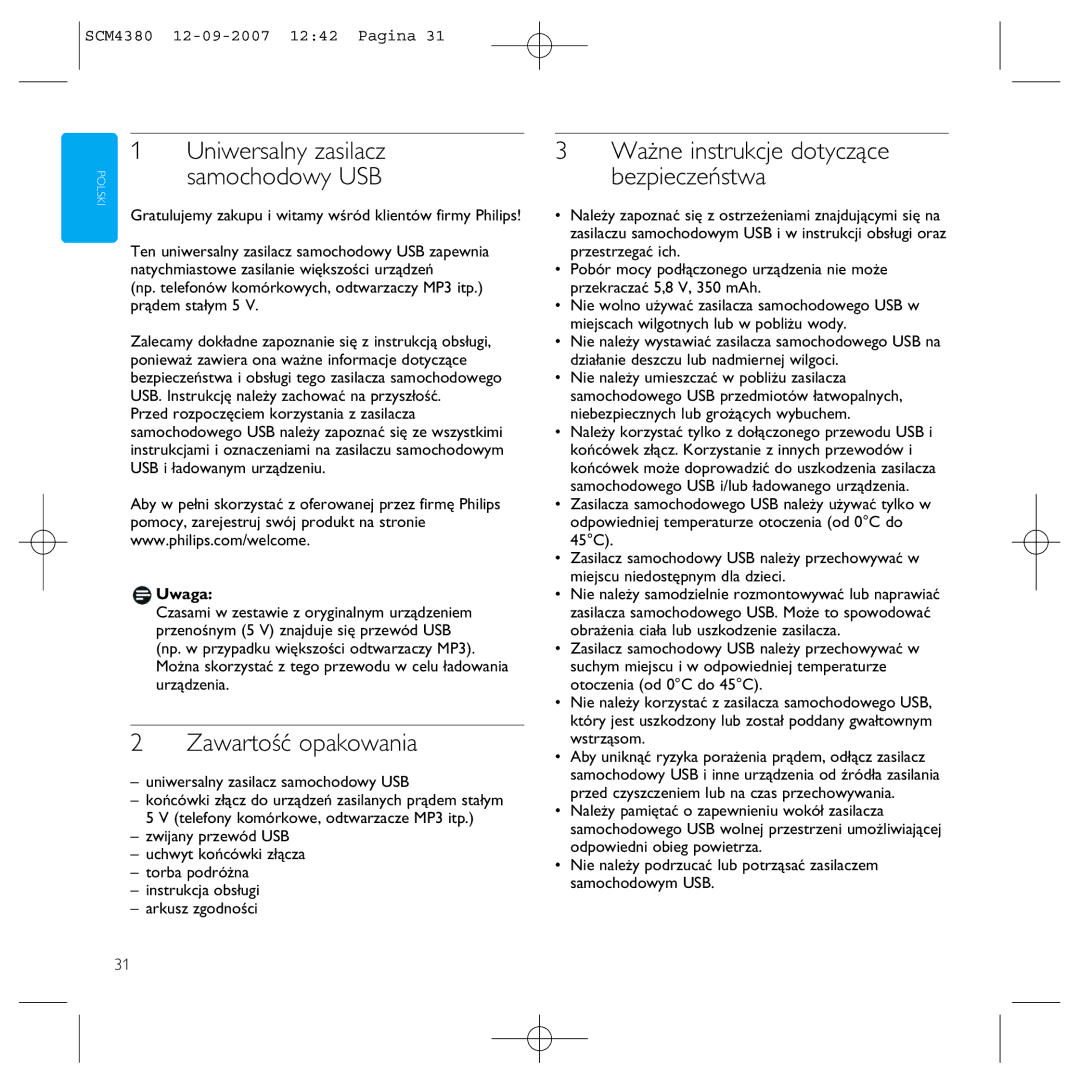 Philips SCM4380 manual Zawartość opakowania, Gratulujemy zakupu i witamy wśród klientów firmy Philips, Uwaga 