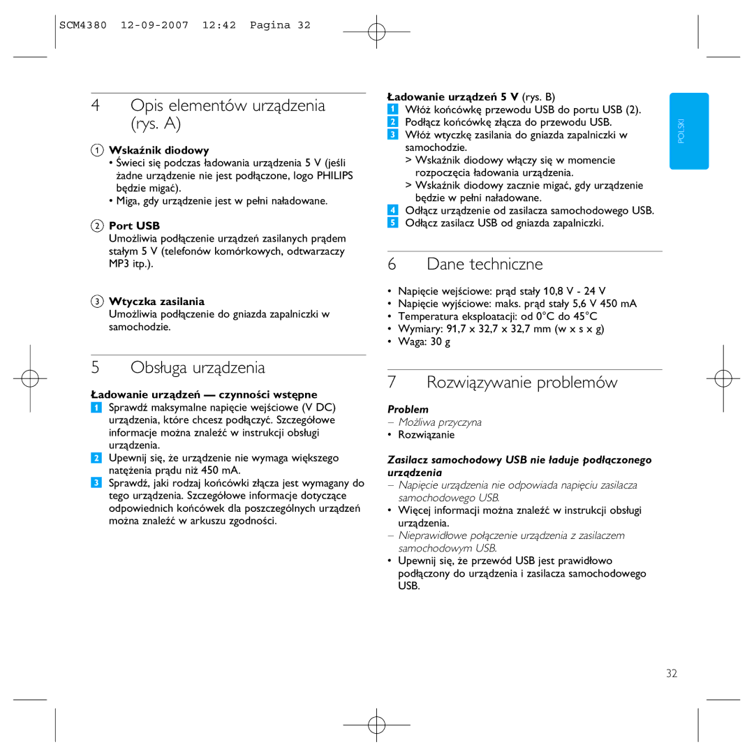 Philips SCM4380 manual Opis elementów urządzenia rys. a, Dane techniczne, Obsługa urządzenia, Rozwiązywanie problemów 