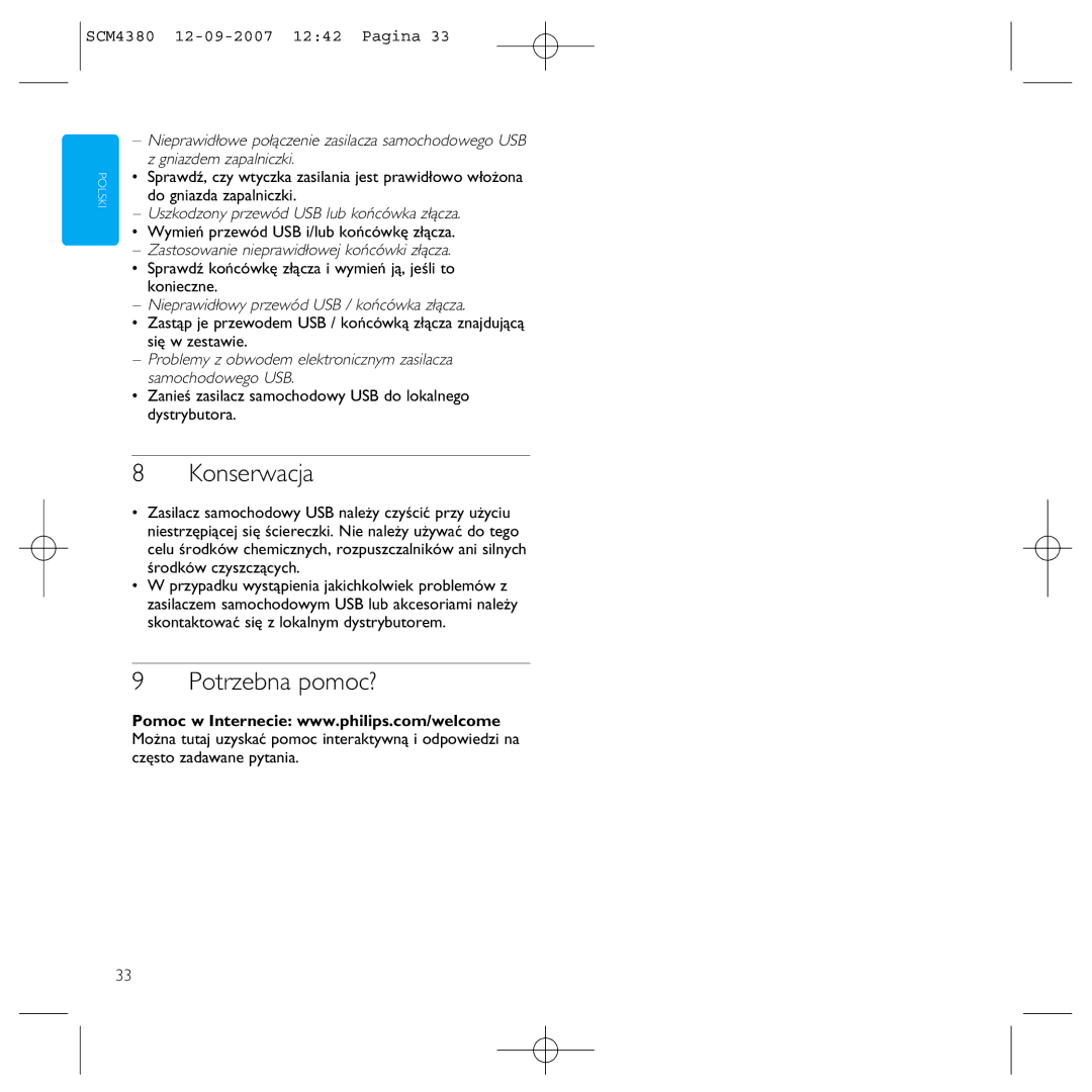 Philips SCM4380 manual Konserwacja, Potrzebna pomoc?, Uszkodzony przewód USB lub końcówka złącza 