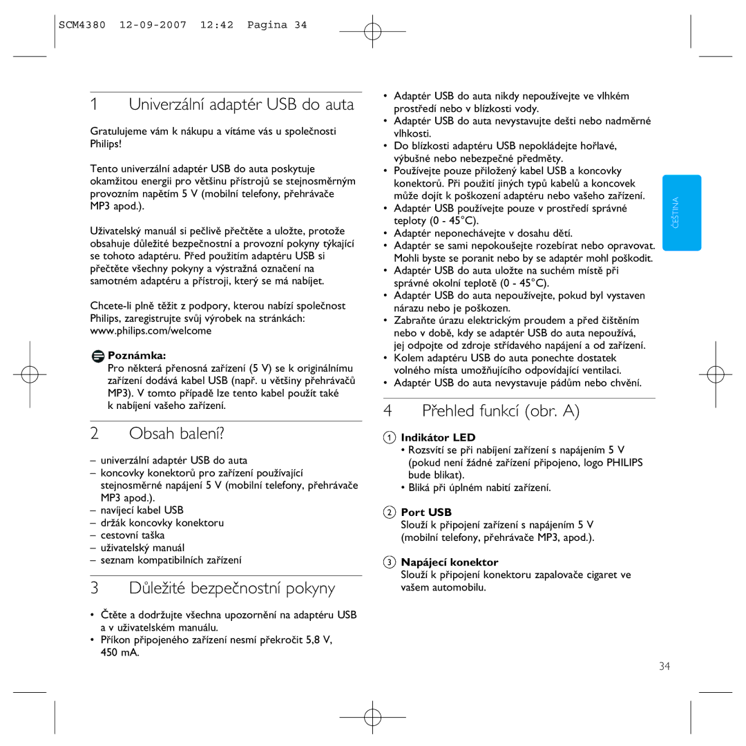 Philips SCM4380 manual Univerzální adaptér USB do auta, Obsah balení?, Důležité bezpečnostní pokyny, Přehled funkcí obr. a 