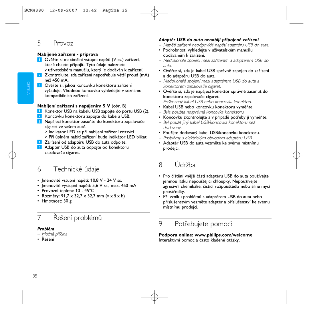 Philips SCM4380 manual Provoz, Technické údaje, Řešení problémů, Údržba, Potřebujete pomoc? 